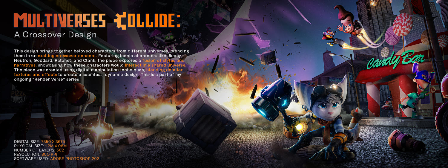 Multiverses Collide — A Crossover Design title banner with project stats